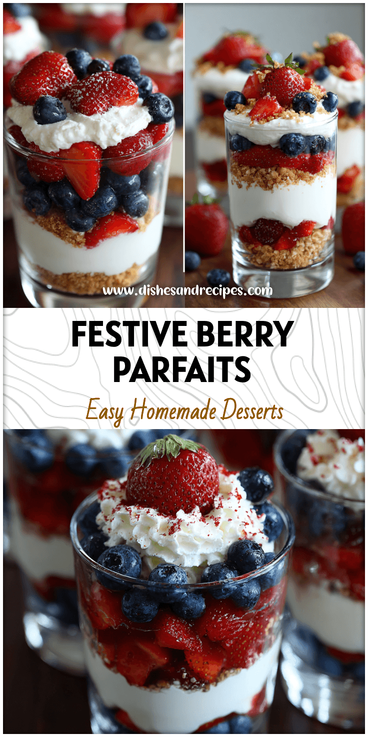 Layered 4th of July berry parfaits with strawberries, blueberries, and whipped cream for a patriotic dessert.